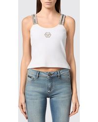 Philipp Plein - Cropped Cotton Top With Jewel Straps And Rhinestone Logo - Lyst