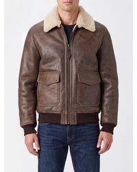 Schott Nyc - Leather Jacket With Fur Collar And Elasticated Trims - Lyst