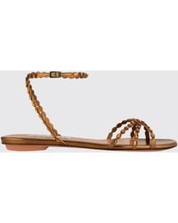 Aquazzura - Love Struck Laminated Leather Flat Sandals With Rhinestones - Lyst
