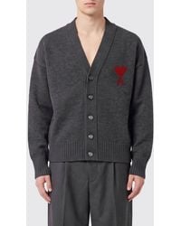 Ami Paris - V-Neck Pure Wool Cardigan With Contrast Logo - Lyst