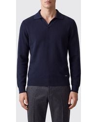 Brooksfield - Long-Sleeved V-Neck Wool Polo Shirt With Ribbed Trims - Lyst