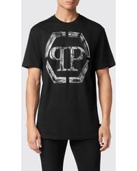 Philipp Plein - Cotton T-Shirt With Monogram And Rhinestone Hexagon Logo - Lyst