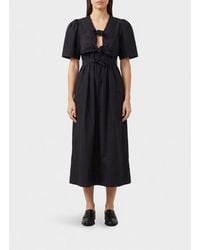 Ganni - Stretch Cotton Midi Shirt Dress With Puff Sleeves And V-Neck - Lyst