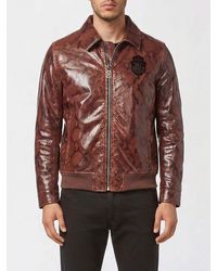 Billionaire - Python Leather College Jacket With Crest And Elasticated Hem - Lyst
