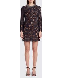 Self-Portrait - Long-Sleeved Lace Mini Sheath Dress With Jewel Neckline - Lyst