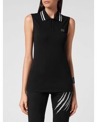 Philipp Plein - Sleeveless Cotton Polo Shirt With Glitter Logo And Striped Collar - Lyst
