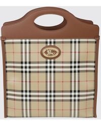 Burberry - Coated Cotton Tote Bag With Vintage Check Pattern And Double Leather Handles - Lyst