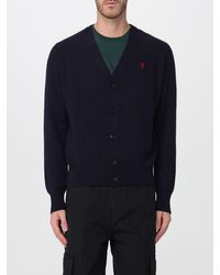 Ami Paris - V-Neck Wool Cardigan With Contrast Embroidered Logo - Lyst