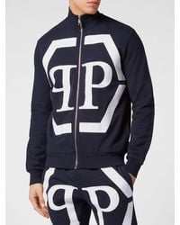 Philipp Plein - Cotton Zip-Up Sweatshirt With High Neck And Monogram Hexagon Logo - Lyst