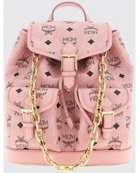 MCM - Mochila De Algodón Revestido Con Logo, Solapa Y Cordón Ajustable - Lyst