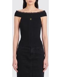 Elisabetta Franchi - Off-The-Shoulder Ribbed Knit Top With Metal Logo - Lyst