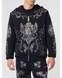 Philipp Plein - Zipped Cotton Hoodie With Skull Print And Rhinestones - Lyst