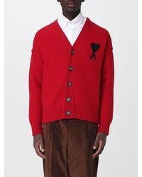 Ami Paris - V-Neck Wool Cardigan With Contrast Logo - Lyst