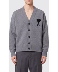 Ami Paris - V-Neck Pure Wool Cardigan With Contrast Logo - Lyst
