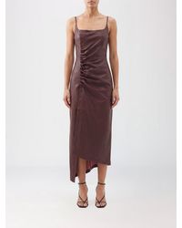 Rabanne - Asymmetrical Draped Leather Midi Dress With Square Neckline - Lyst