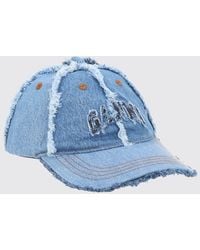 Ganni - Frayed Hem Embroidered Logo Cotton Denim Baseball Cap - Lyst