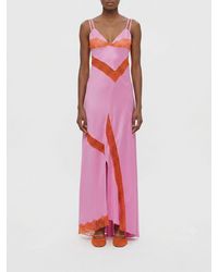 MSGM - Langes Slip-Kleid Von Aus Satin Mit Spitzeneinsätzen Und Vorderem Schlitz - Lyst