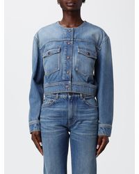 Chloé - Chlo&Eacute Cropped Cotton Denim Jacket With Crew Neck And Dropped Shoulders - Lyst