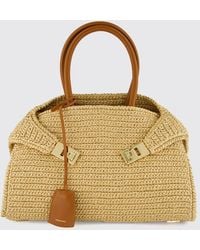 Ferragamo - Hug Raffia And Calfskin Leather Handbag With Gancini Clasp - Lyst