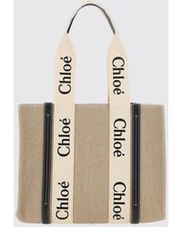 Chloé - Chlo&Eacute Woody Linen Tote Bag With Printed Logo And Double Handle - Lyst