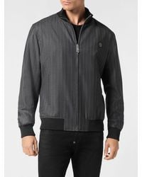 Philipp Plein - Pinstripe Virgin Wool Varsity Bomber Jacket With Hexagon Logo - Lyst