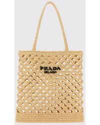 Prada - Embroidered Logo Perforated Crochet Raffia Bag - Lyst