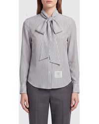 Thom Browne - Striped Silk Blouse With Pussy-Bow Neck And Curved Hem - Lyst