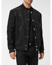 Philipp Plein - Wool Varsity Bomber Jacket With Embroidery And Rhinestones - Lyst