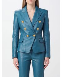 Balmain - Double-Breasted Lambskin Leather Blazer With Peak Lapels And Padded Shoulders - Lyst