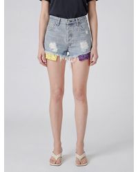 HTC - High-Waisted Shorts With Raw-Cut Hem And Bandana Motif - Lyst
