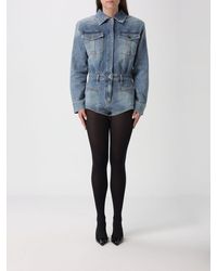 Self-Portrait - Mini Denim Jumpsuit With All-Over Rhinestones - Lyst