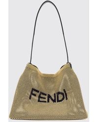 Fendi - Perforated Raffia Shoulder Bag With Lettering Logo And Leather Handle - Lyst