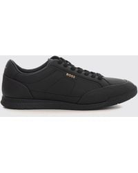 BOSS - Low-Top Leather Sneakers With Printed Logo And Contrasting Rubber Sole - Lyst