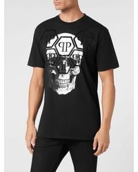 Philipp Plein - Cotton T-Shirt With Skull Print And Rhinestone Hexagon Logo - Lyst
