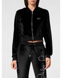 Philipp Plein - Cropped Velvet Zip-Up Hoodie With Rhinestone Logo Detail - Lyst