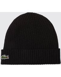 Lacoste - Ribbed Pure Wool Beanie Hat With Cuff And Embroidered Logo - Lyst