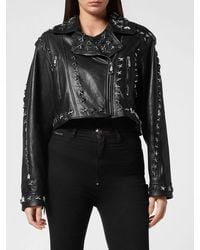 Philipp Plein - Cropped Leather Biker Jacket With Studs And Stars - Lyst