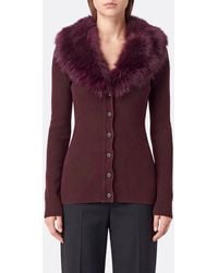 Blumarine - Slim Fit Virgin Wool Cardigan With Contrast Fur Collar - Lyst