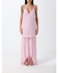 MSGM - Vestido Largo De Noche Plisado De Algodón Con Bordados Y Escote En V - Lyst