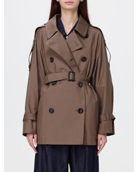 Max Mara - Short Double-Breasted Cotton Trench Coat With Belt And Epaulettes - Lyst