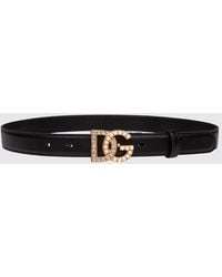 Dolce & Gabbana - Dolce &Amp Gabbana Slim Leather Belt With Dg Buckle And Crystals - Lyst