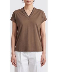 Brunello Cucinelli - Cotton V-Neck T-Shirt With Monili Embellishment - Lyst
