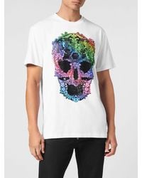 Philipp Plein - Cotton T-Shirt With Skull Print And Applied Crystals - Lyst