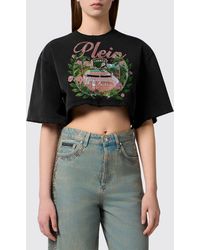 Philipp Plein - Cropped Cotton T-Shirt With Jacquard Logo And Fringed Hem - Lyst