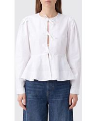 Ganni - Cropped Cotton Jacket With Ruched Shoulders And Tie Fastening - Lyst
