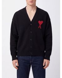 Ami Paris - V-Neck Pure Wool Cardigan With Contrast Logo - Lyst