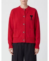Ami Paris - Wool Crewneck Cardigan With Contrasting Embroidered Logo - Lyst