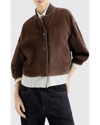 Brunello Cucinelli - Suede Leather Bomber Jacket With Monili - Lyst