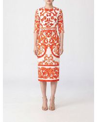 Dolce & Gabbana - Dolce &Amp Gabbana Maiolica Print Silk Midi Sheath Dress With Short Sleeves - Lyst