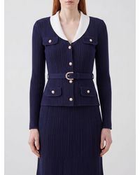 Self-Portrait - Slim Fit Ribbed-Knit Cardigan With Lapels And Belt - Lyst